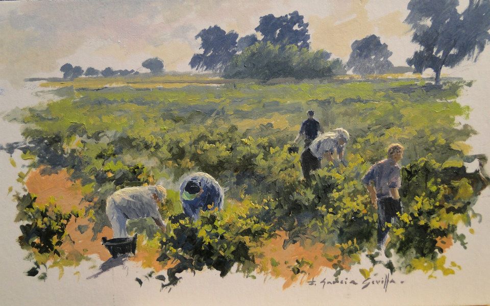 Cuadrilla vendimiadora - Óleo sobre papel basik pegado a tabla - 10,5x17